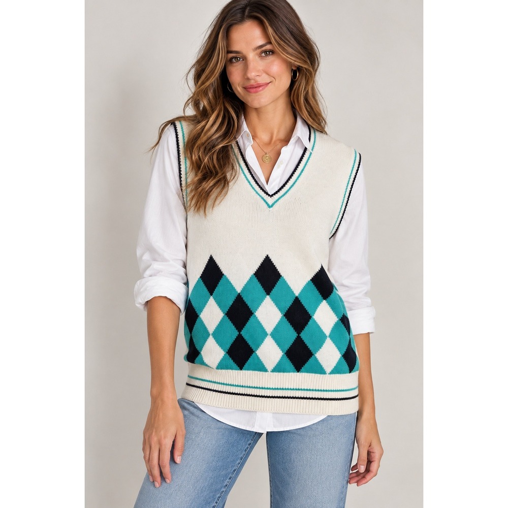 Golf Tennis Varsity Argyle Sweater Vest Preppy Women's M Blue Teal